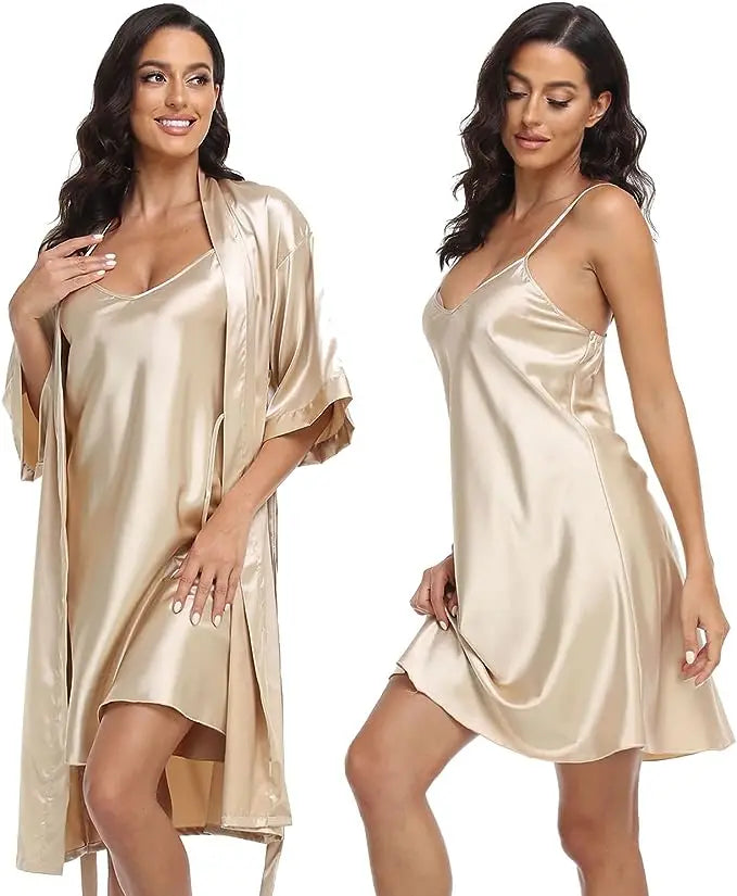 Women's Silk Satin Pajamas 2Pcs Sexy Silky Pj Robe Set with Chemise Nightgown